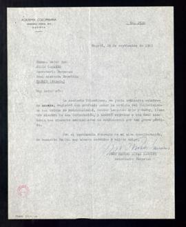 Oficio de José Manuel Rivas Sacconi a Julio Casares de traslado del pésame de la Academia colombi...