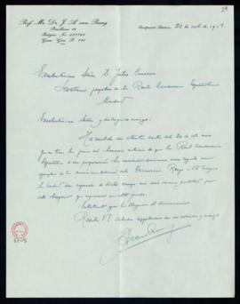 Carta de J. A. van Praag a Julio Casares en la que agradece a la junta su decisión de regalarle u...