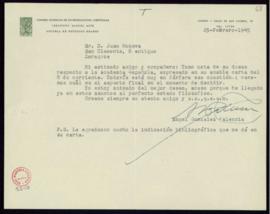 Carta de Ángel González Palencia a Juan Moneva y Puyol en la que le indica que la cuestión está m...