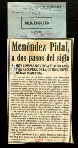 Recorte del diario Madrid con el artículo Menéndez Pidal a dos pasos del siglo