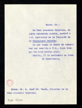 Copia sin firma del oficio del secretario [Julio Casares] a José María Pemán de su nombramiento c...