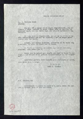 Copia de la carta de Juan Ramón Jiménez a Enrique Redel en la que acusa recibo de la suya y le di...