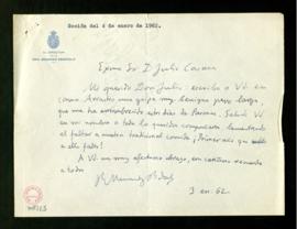 Carta de Ramón Menéndez Pidal a Julio Casares en la que le manifiesta que padece una gripe que le...