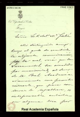 Carta de J.[oaquín] González Fiori, diputado a Cortes por Hoyos, a Antonio María Fabié de comunic...