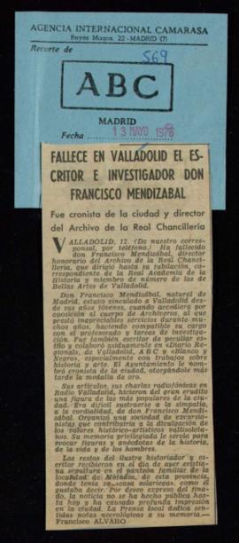 Recorte del diario ABC con la noticia Fallece en Valladolid el escritor e investigador Don Franci...