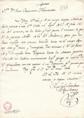 Carta de Rafael Sánchez de Aguilera a Juan Crisóstomo Ramírez Alamanzón en la que le comunica que...