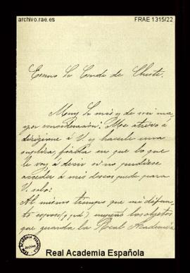 Carta de Juana Pacheco al conde de Cheste en la que le pide que que la Academia levante el empeño...