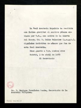 Copia sin firma del oficio de agradecimiento del secretario a Enrique Fernández Lumba, secretario...