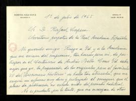 Carta de Samuel Gili Gaya a Rafael Lapesa con el ruego de que le eximan, él y la Academia, de par...