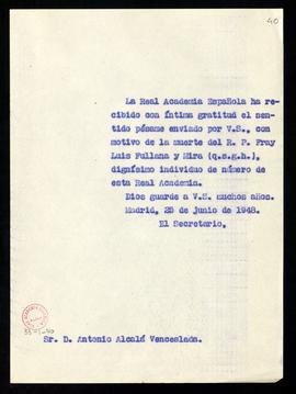 Copia sin firma del oficio del secretario a Antonio Alcalá Venceslada de traslado del agradecimie...