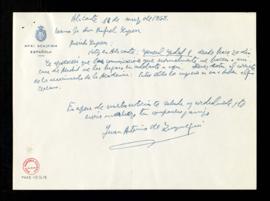 Carta de Juan Antonio de Zunzunegui a Rafael Lapesa en la que le dice la dirección en Alicante a ...