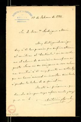 Carta de Antonio Aguilar y Cano a Francisco Rodríguez Marín en la que le agradece el envío de un ...