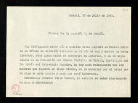 Copia de la carta enviada a Agustín G. de Amezúa para comunicarle que se ha recibido una Cédula d...