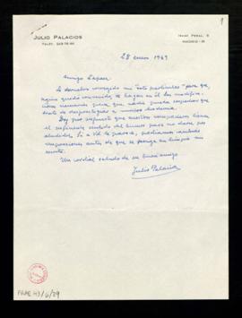 Carta de Julio Palacios a Rafael Lapesa con la que le devuelve corregido un texto [D. Ingenuo en ...