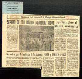 Recorte del diario Madrid con la noticia Sepelio de don Ramón Menéndez Pidal