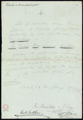 Propuesta firmada por M[arcelino] Menéndez y Pelayo, Emilio Castelar y Francisco Silvela de James...