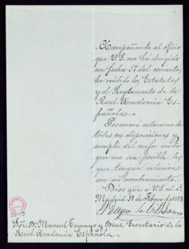 Carta del duque de Villahermosa a Manuel Tamayo y Baus en la que acusa recibo de los Estatutos y ...