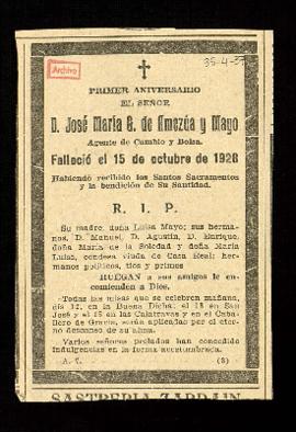 Recorte de prensa con esquela del primer aniversario del fallecimiento de José María G. de Amezúa...