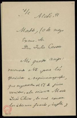 Carta de Rafael Álvarez Sereix a Julio Casares en la que recomienda a María Inés Chias para las o...