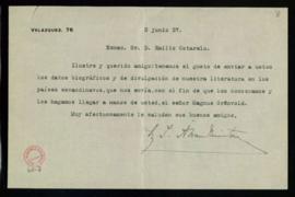 Carta de (ileg.) a Emilio Cotarelo con la que le remite, por indicación de Magnus Grönvold, los d...