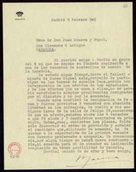 Carta de Gabriel Maura, duque de Maura, a Juan Moneva y Puyol  en la que le explica la razón de s...