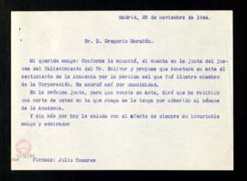 Minuta de la carta de Julio Casares a Gregorio Marañón en la que le informa que, en la próxima ju...