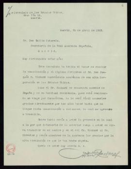 Carta de Arturo Cardona a Emilio Cotarelo de acuse de recibo del oficio y el diploma de Joaquín D...