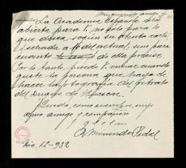 Copia firmada del oficio de Ramón Menéndez Pidal en el que transmite [al duque de Alba] que la Ac...