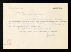 Carta de Gregorio Marañón a Julio Casares en la que declina colaborar en el Centenario de Cervant...