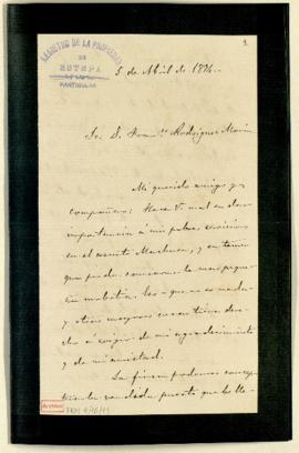Carta de Antonio Aguilar y Cano a Francisco Rodríguez Marín en la que le informa que la finca de ...