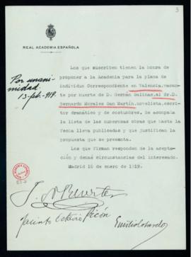 Propuesta de Bernardo Morales San Martín como académico correspondiente en Valencia en la vacante...