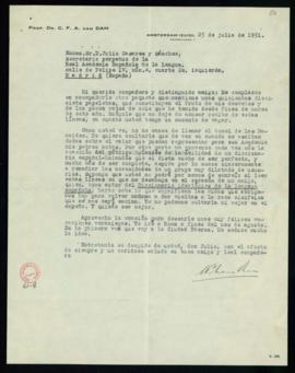 Carta de C. F. Adolf van Dam a Julio Casares con la que le remite un paquete con 517 papeletas