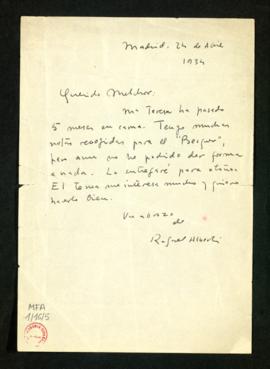 Carta de Rafael Alberti a Melchor Fernández Almagro en la que le dice que por la enfermedad de Ma...