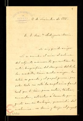 Carta de Antonio Aguilar y Cano a Francisco Rodríguez Marín con la que le envía el manuscrito de ...