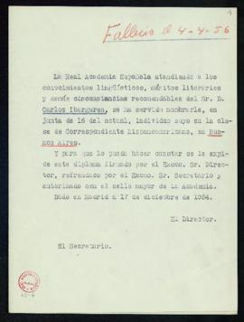 Minuta del diploma de Carlos Ibarguren de académico correspondiente hispanoamericano en Buenos Aires
