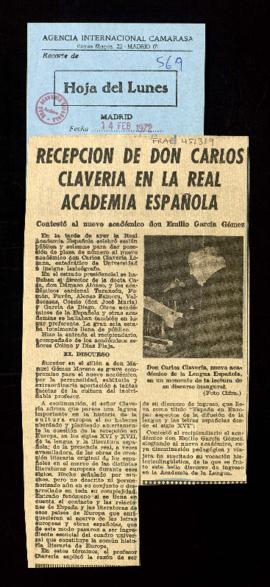 Recorte del diario Hoja del Lunes con la noticia titulada Recepción de don Carlos Clavería en la ...