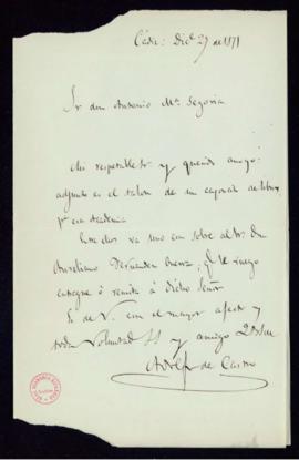 Carta de Adolfo de Castro a Antonio María Segovia con la que remite un talón de un cajón de libro...