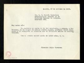 Copia de la carta de Julio Casares a E. García Carretero de contestación a su carta del veinticua...