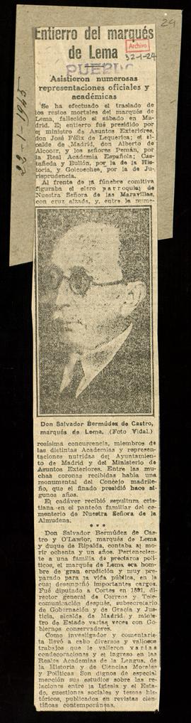 Recorte del diario Pueblo sobre el fallecimiento del marqués de Lema