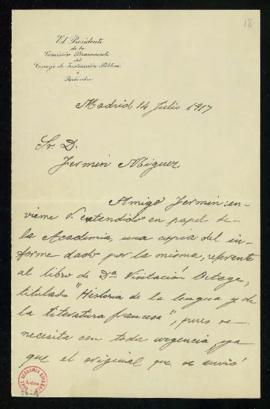 Carta de Daniel de Cortázar al oficial de la secretaría, Fermín Míguez, por la que solicita la re...