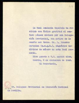 Copia sin firma del oficio del secretario al delegado provincial de Educación Nacional de Sevilla...