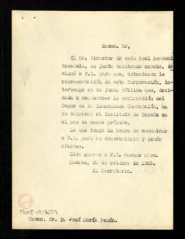Copia sin firma del oficio del secretario [Julio Casares] a José María Pemán de traslado de su de...