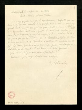 Copia firmada de la carta de E. Cotarelo a Narciso Alonso Cortés en la que le solicita una relaci...