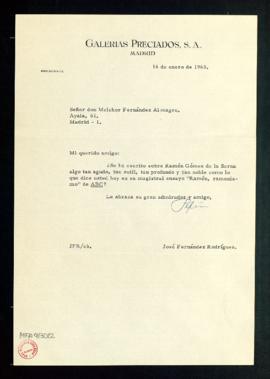 Carta de José Fernández Rodríguez, presidente de Galerías Preciados, a Melchor Fernández Almagro ...