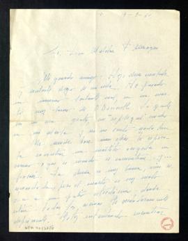 Carta de M.ª Elvira Lacaci a Melchor Fernández Almagro en la que le dice que desde que se mudó an...