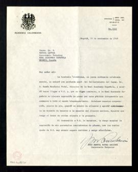 Carta de José Manuel Rivas Sacconi, secretario de la Academia Colombiana, a Rafael Lapesa, secret...