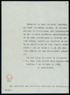 Copia sin firma del oficio de pésame del secretario [Julio Casares] al director del Instituto Nac...