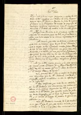 Carta de Cándido Beltrán de Caicedo al duque de San Carlos, director, en la que transcribe la con...