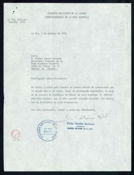 Carta de Carlos Castañón Barrientos, secretario de la Academia Boliviana, al secretario, Alonso Z...