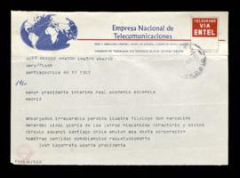 Telegrama de Juan Legarreta Ugarte, presidente del Círculo Español de Santiago de Chile, al presi...